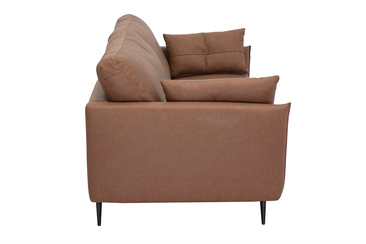 Divano vintage 3 posti in pelle marrone e legno scuro DAVEN