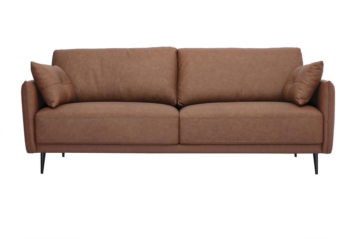 Divano vintage 3 posti in pelle marrone e legno scuro DAVEN