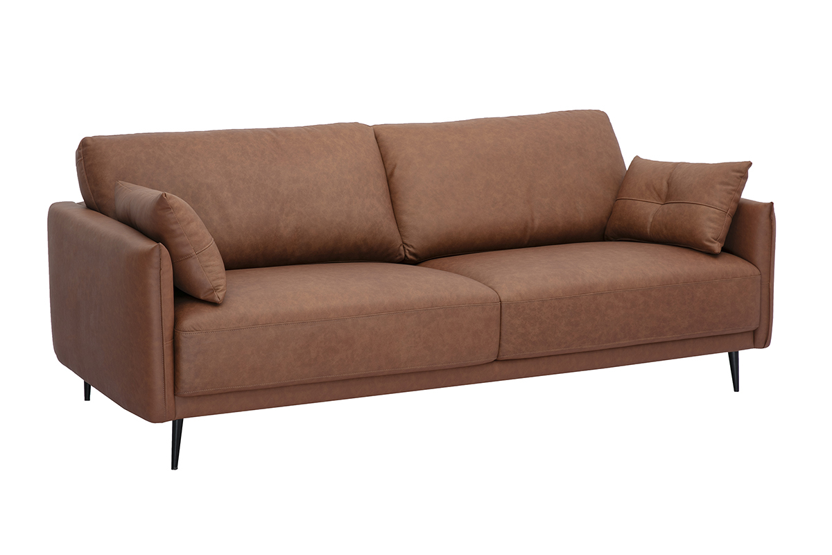 Divano vintage 3 posti in pelle marrone e legno scuro DAVEN