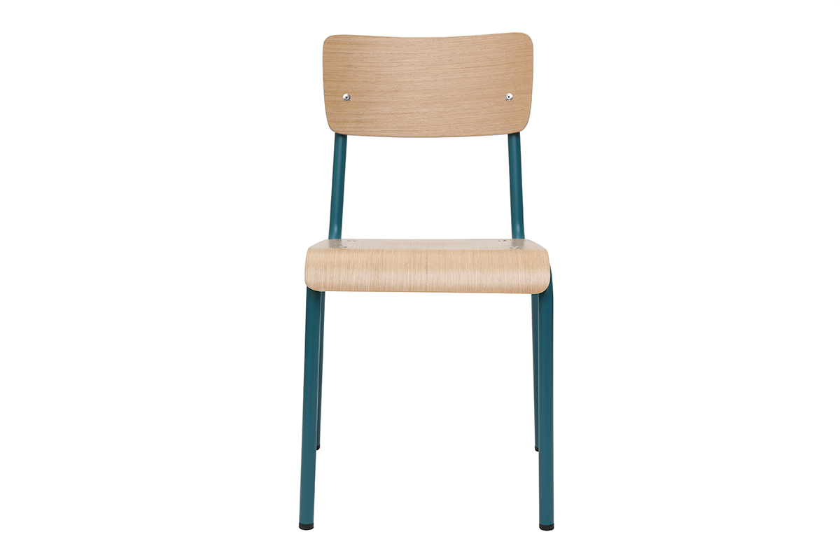 Gruppo di 2 sedie scolastiche impilabili in metallo blu anatra e legno chiaro SCHOOL