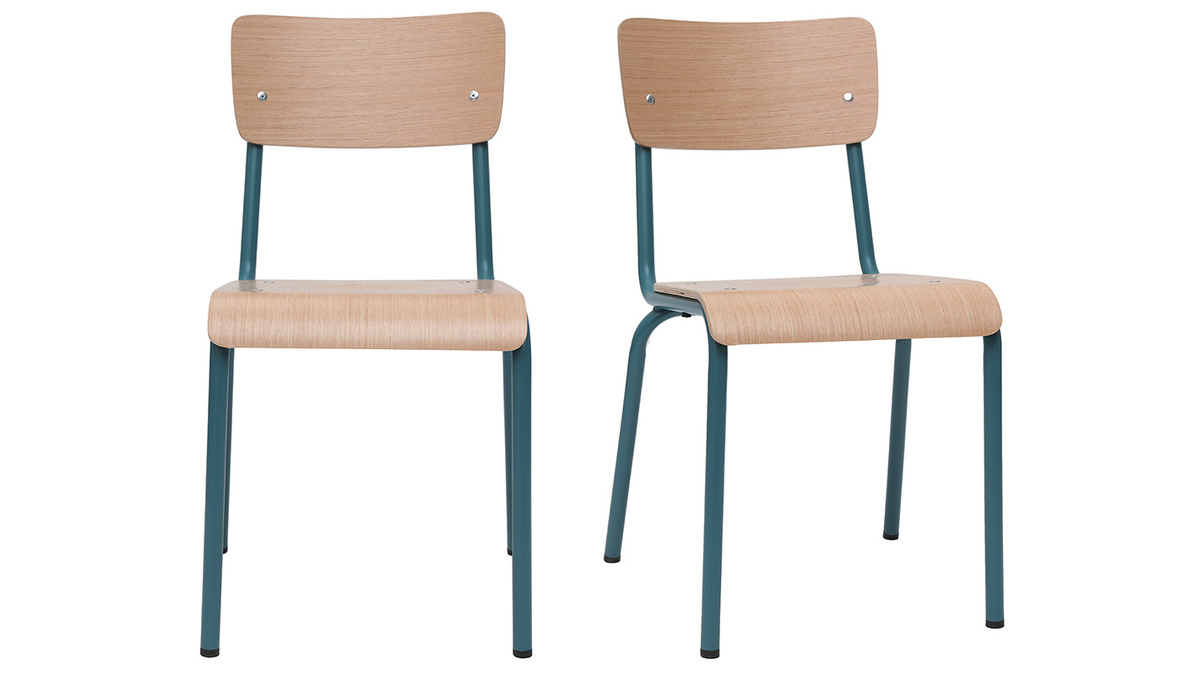 Gruppo di 2 sedie scolastiche impilabili in metallo blu anatra e legno chiaro SCHOOL