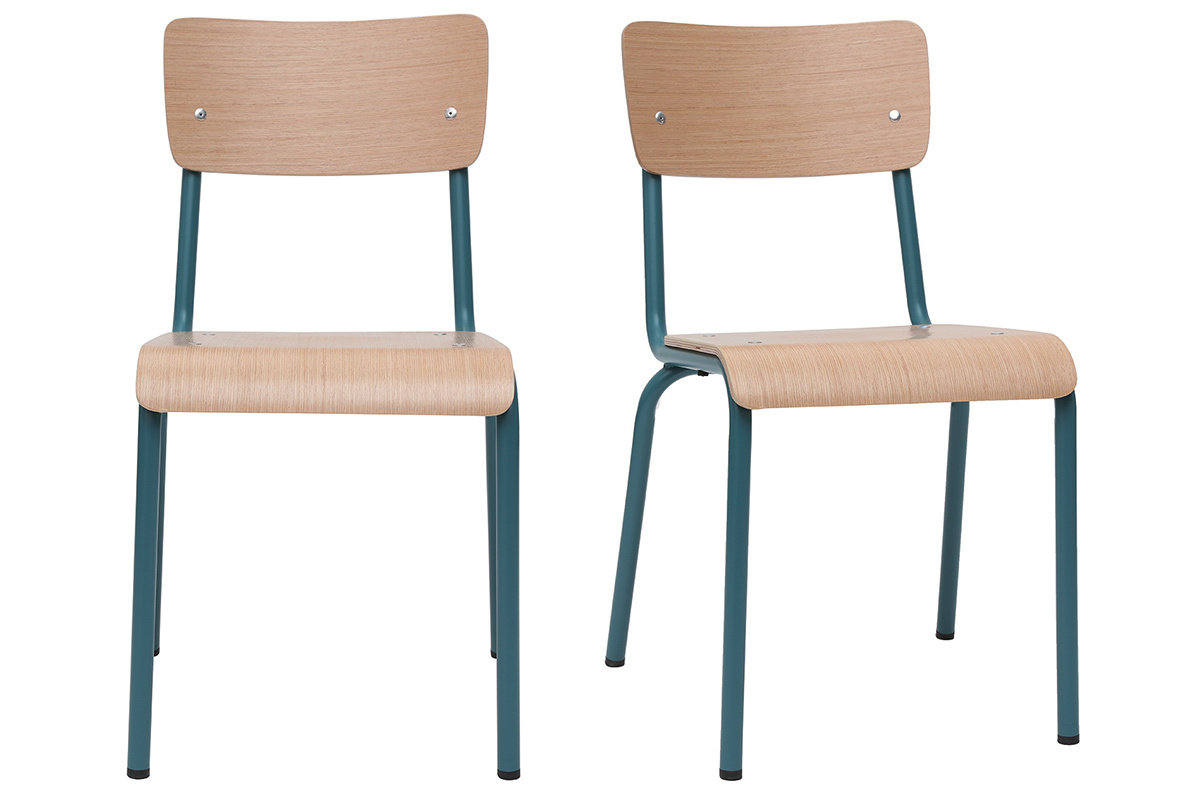 Gruppo di 2 sedie scolastiche impilabili in metallo blu anatra e legno chiaro SCHOOL