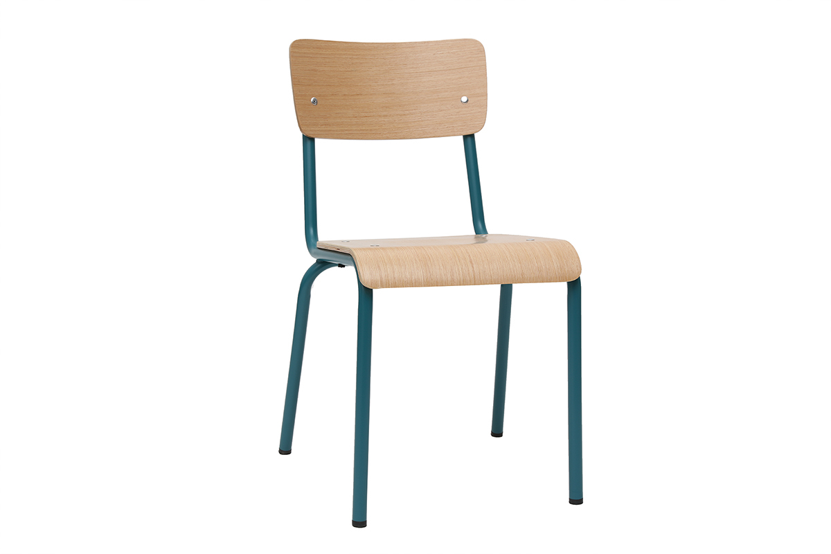 Gruppo di 2 sedie scolastiche impilabili in metallo blu anatra e legno chiaro SCHOOL