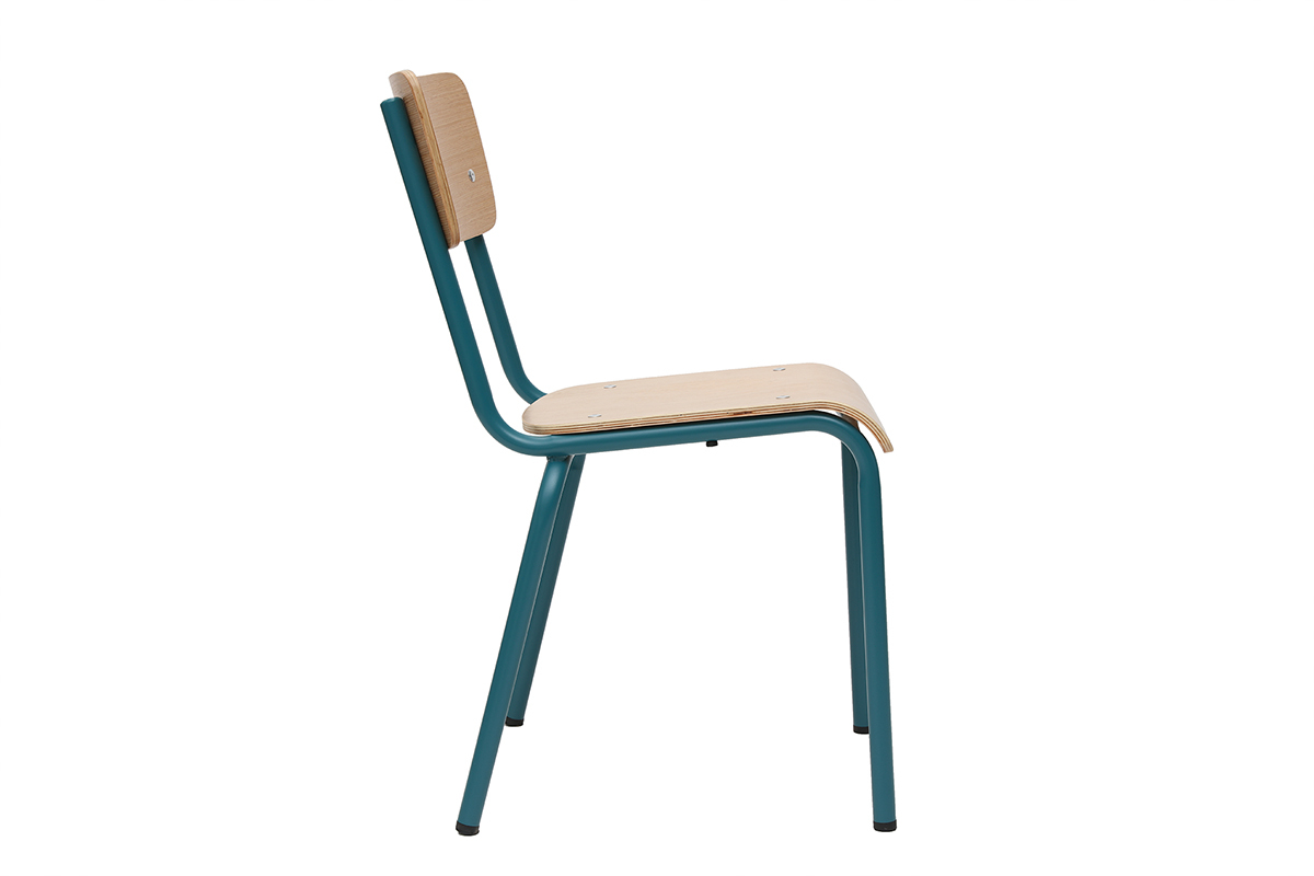 Gruppo di 2 sedie scolastiche impilabili in metallo blu anatra e legno chiaro SCHOOL