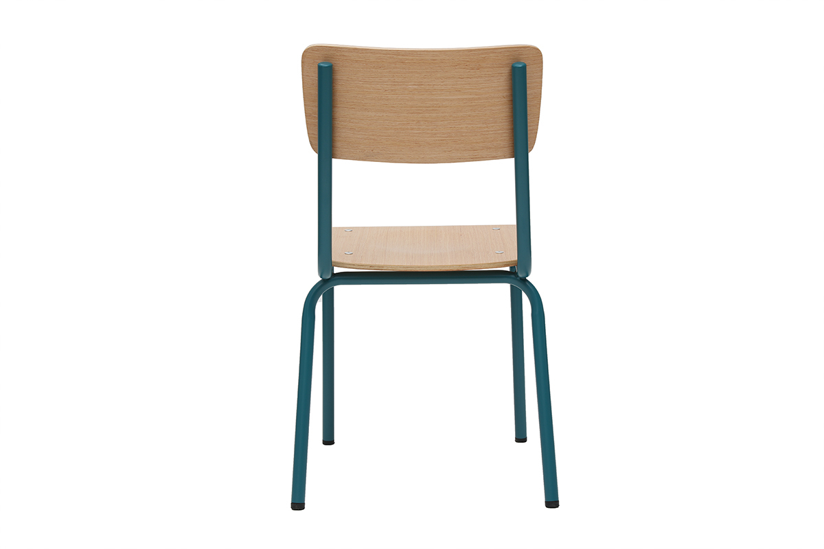 Gruppo di 2 sedie scolastiche impilabili in metallo blu anatra e legno chiaro SCHOOL