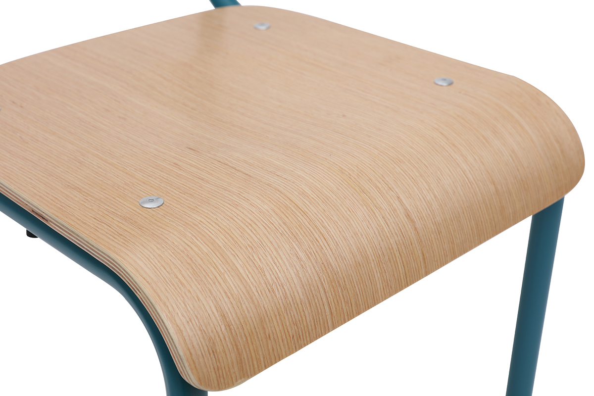 Gruppo di 2 sedie scolastiche impilabili in metallo blu anatra e legno chiaro SCHOOL