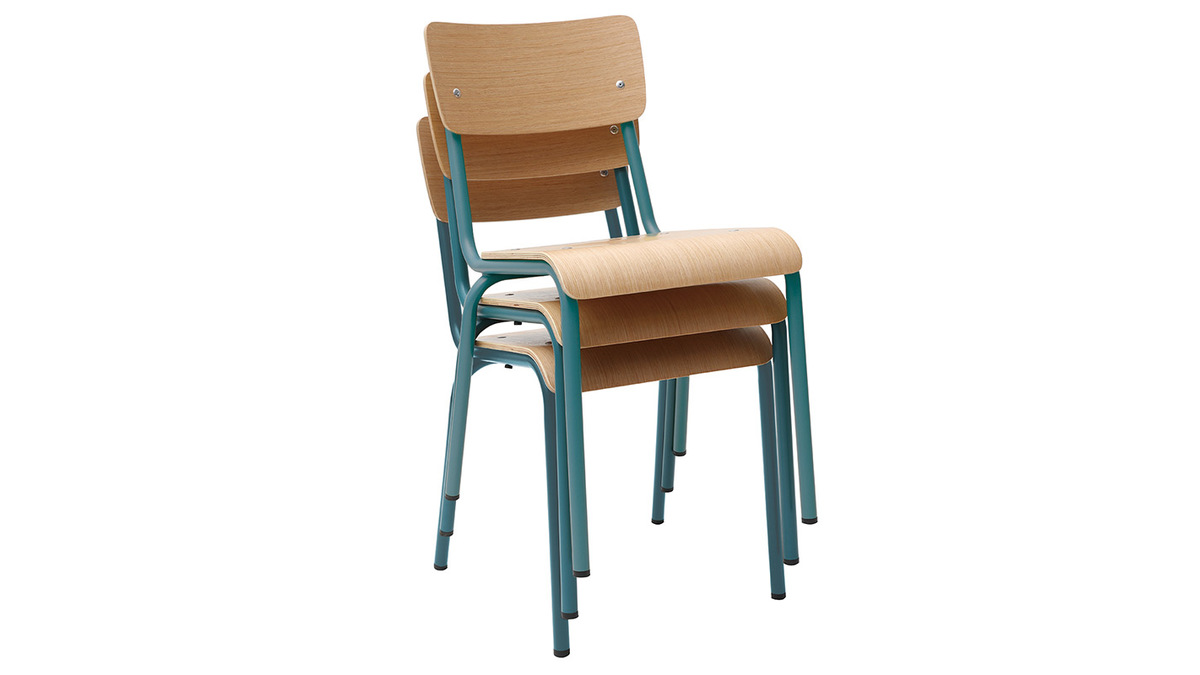 Gruppo di 2 sedie scolastiche impilabili in metallo blu anatra e legno chiaro SCHOOL