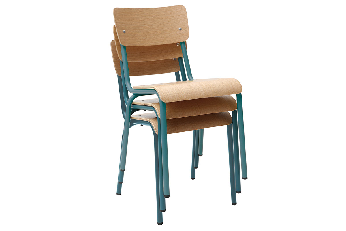 Gruppo di 2 sedie scolastiche impilabili in metallo blu anatra e legno chiaro SCHOOL