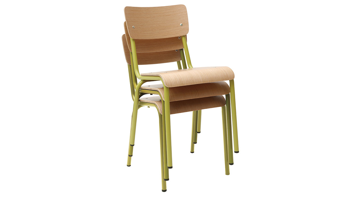 Gruppo di 2 sedie scolastiche impilabili in metallo giallo e legno chiaro SCHOOL