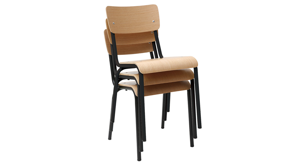 Gruppo di 2 sedie scolastiche impilabili in metallo nero e legno chiaro SCHOOL