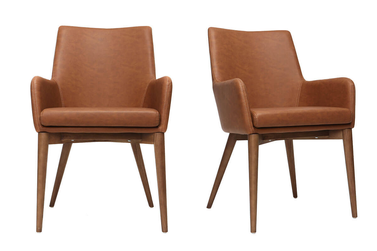 Gruppo di 2 sedie vintage PU marrone e legno SHANA