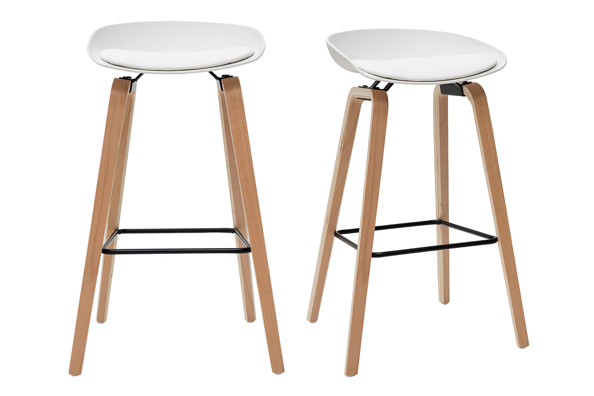 Gruppo di 2 sgabelli da bar bianchi e piedi legno 75 cm LINO