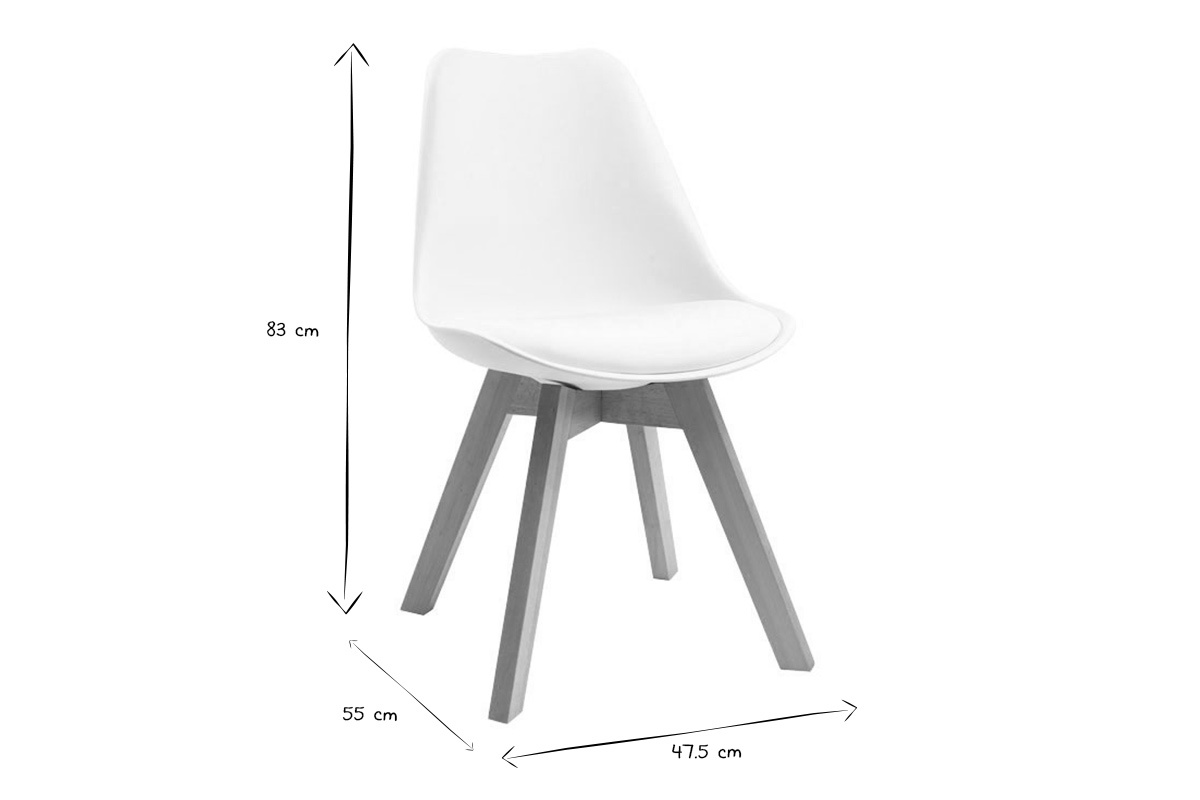 Sedia scandinava con dimensioni 83x47.5x55 cm in nero e bianco, vista da 3/4.