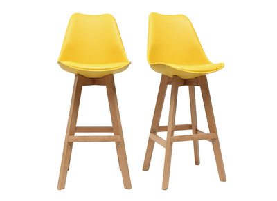 Gruppo di due sgabelli da bar design giallo e legno 65cm PAULINE - Gruppo di due sgabelli da bar design giallo e legno 65cm PAULINE