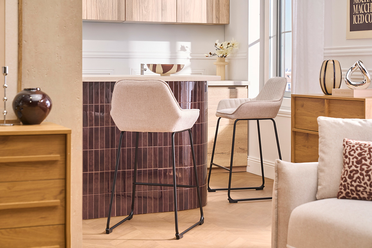 Hocker da bar in tessuto effetto velluto testurizzato beige e metallo nero H68 cm (lotto di 2) RONNIE