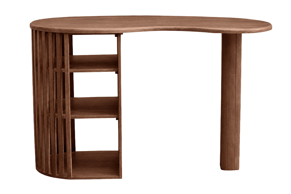 Tavolo da bar LOBIO in legno scuro con vani portaoggetti, spesso piano arrotondato, vista frontale.