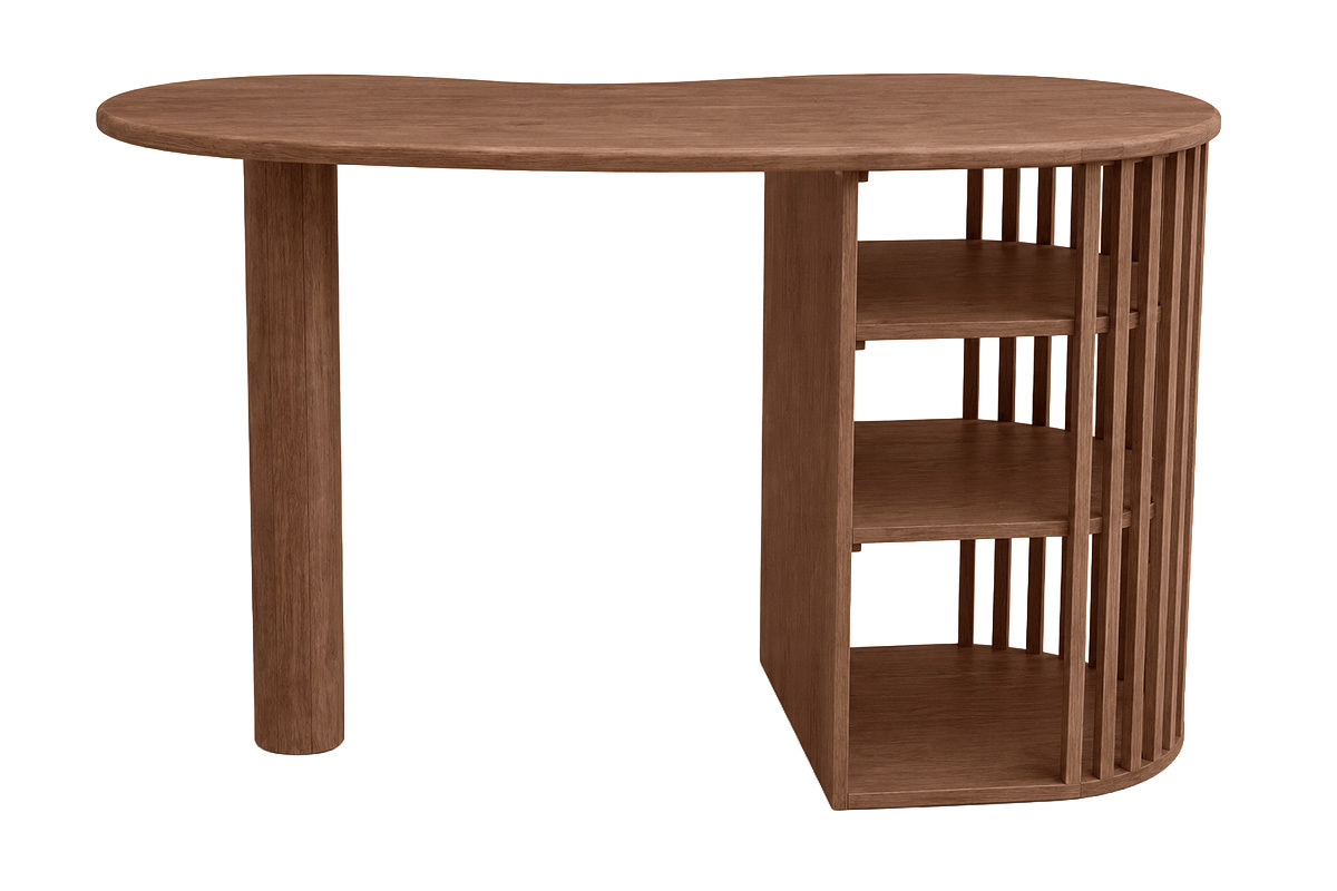 Tavolo da bar in legno massello di mango con vani portaoggetti, vista posteriore, piano arrotondato, stile moderno.