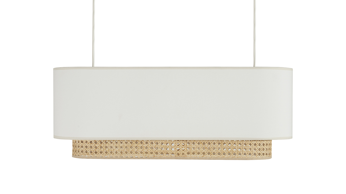 Lampada a sospensione a due luci in tessuto bianco e motivo a intreccio rattan naturale L62 cm TIWY