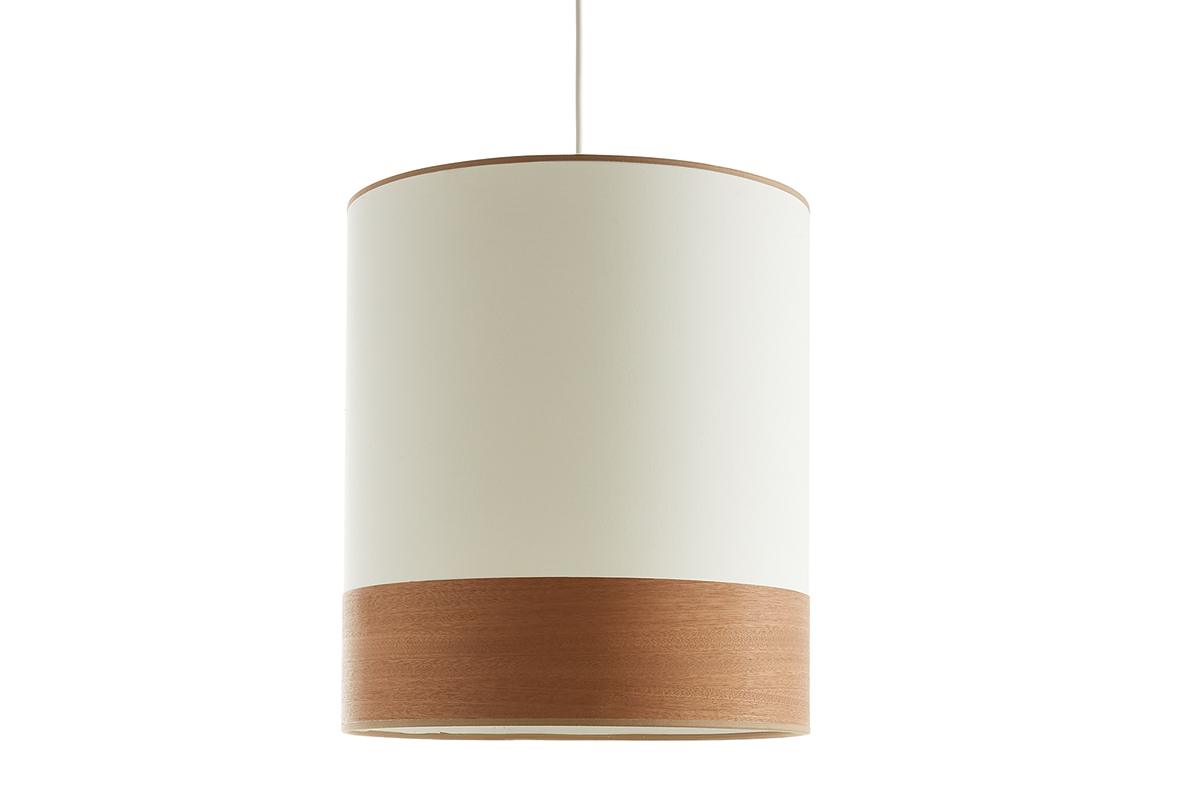 Lampada a sospensione bi-materiale in cotone color sabbia e foglio di mogano D38 cm SOLAR