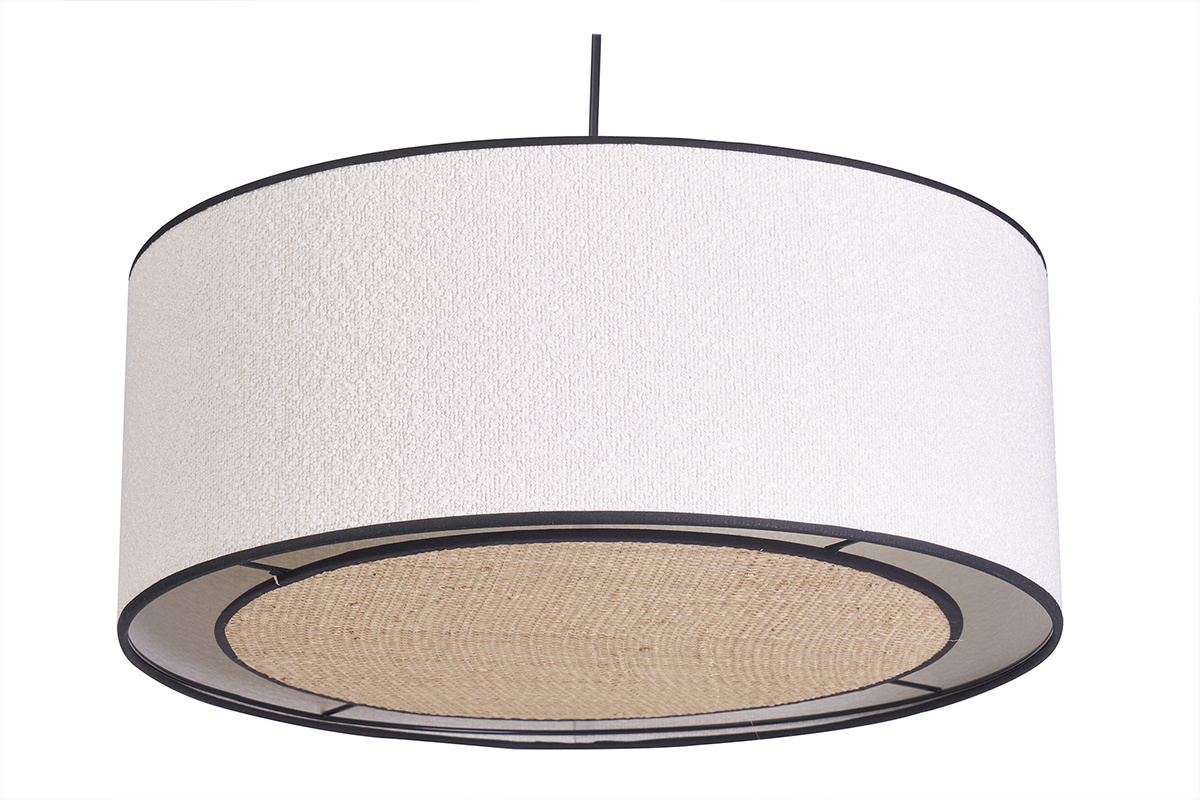Lampada a sospensione cilindrica in tessuto effetto lana boucl bianco e rafia naturale D50 cm TRAVES