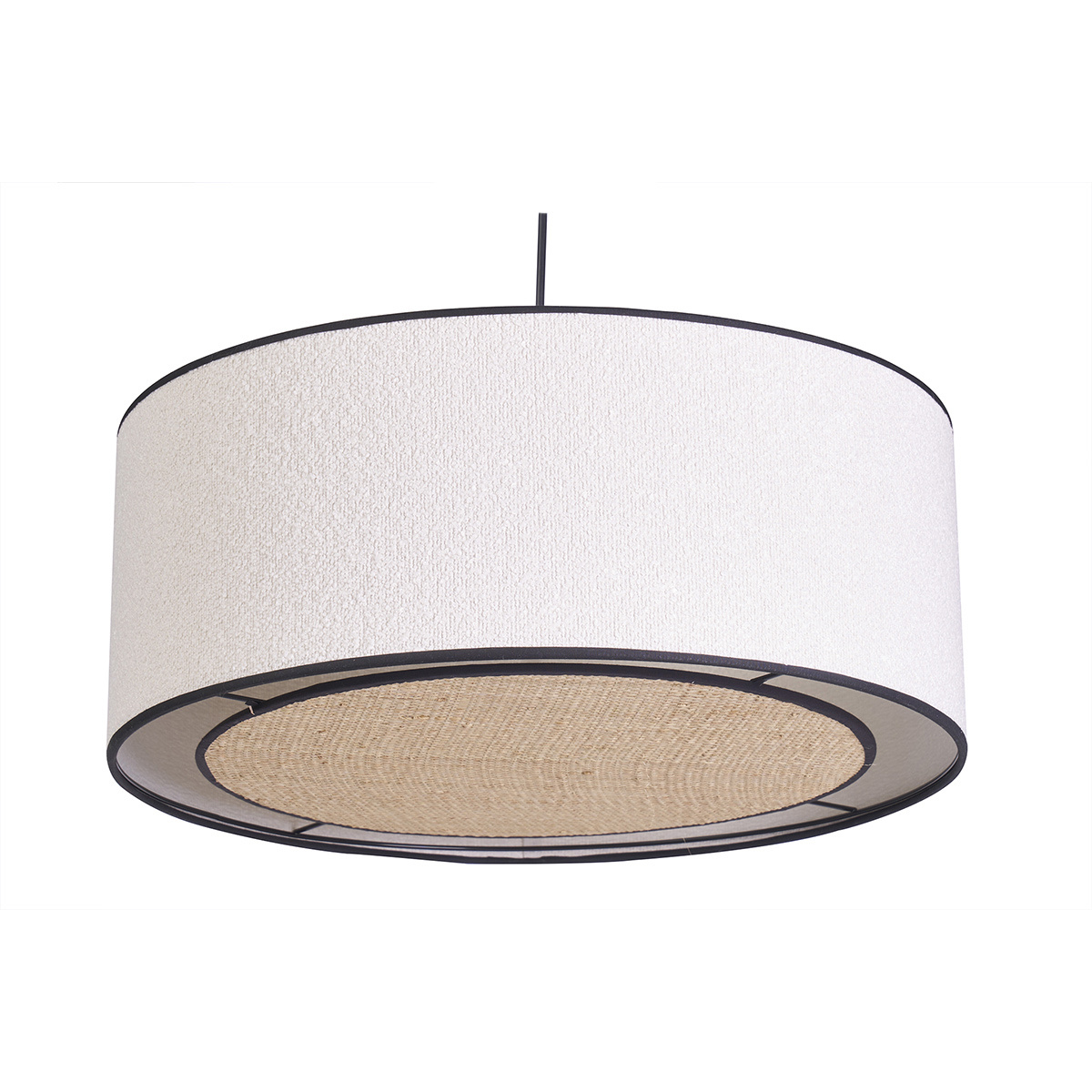 Lampada a sospensione cilindrica in tessuto effetto lana bouclé bianco e rafia naturale D50 cm TRAVES