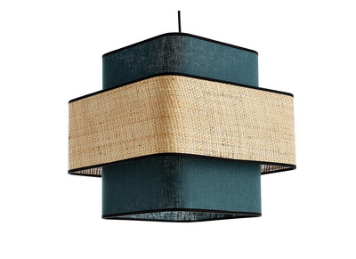 Lampada a sospensione cubo in lino blu anatra e fibra di rafia naturale L35 cm TERA
