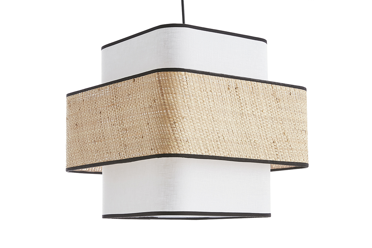 Lampada a sospensione cubo in tessuto lino bianco e fibra di rafia naturale L35 cm TERA