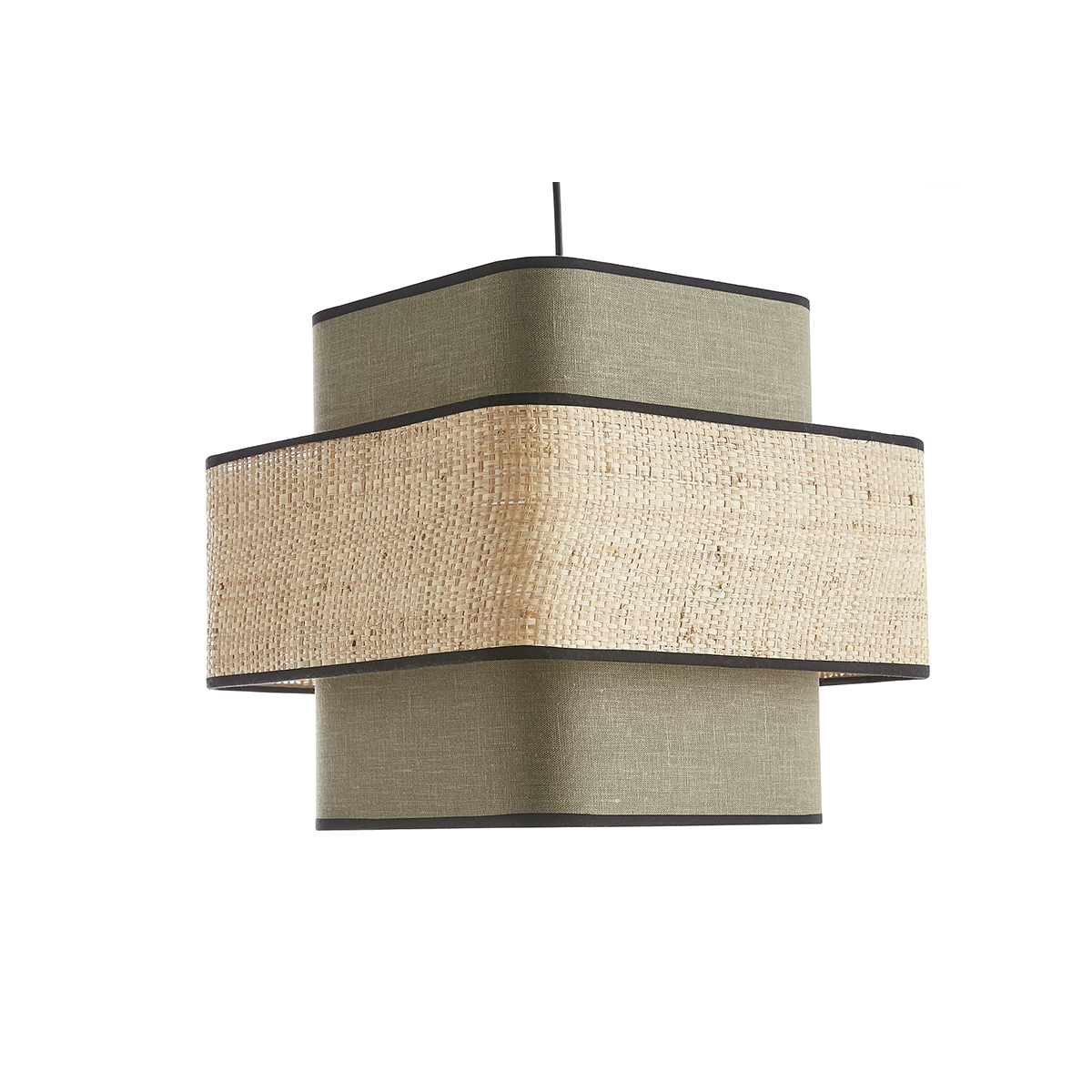 Lampada a sospensione cubo in tessuto lino verde kaki e fibra di rafia naturale L35 cm TERA