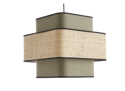 Lampada a sospensione cubo in tessuto lino verde kaki e fibra di rafia naturale L35 cm TERA
