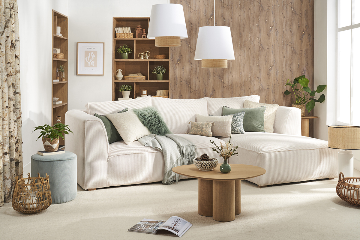 Lampada a sospensione design bi-materiale in fibra di rafia e cotone bianco D40 cm JUME