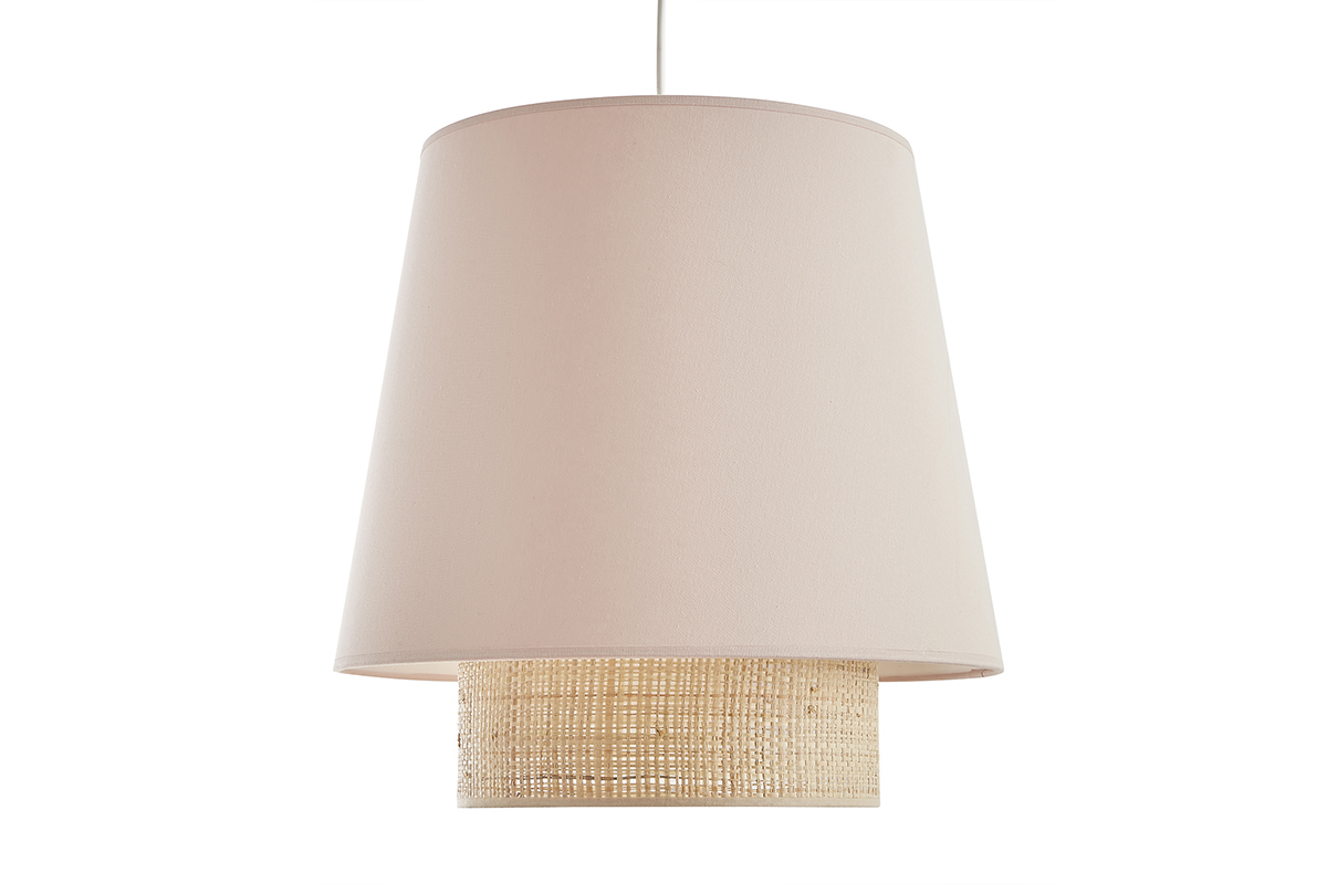 Lampada a sospensione design bi-materiale in fibra di rafia e cotone rosa D40 cm JUME