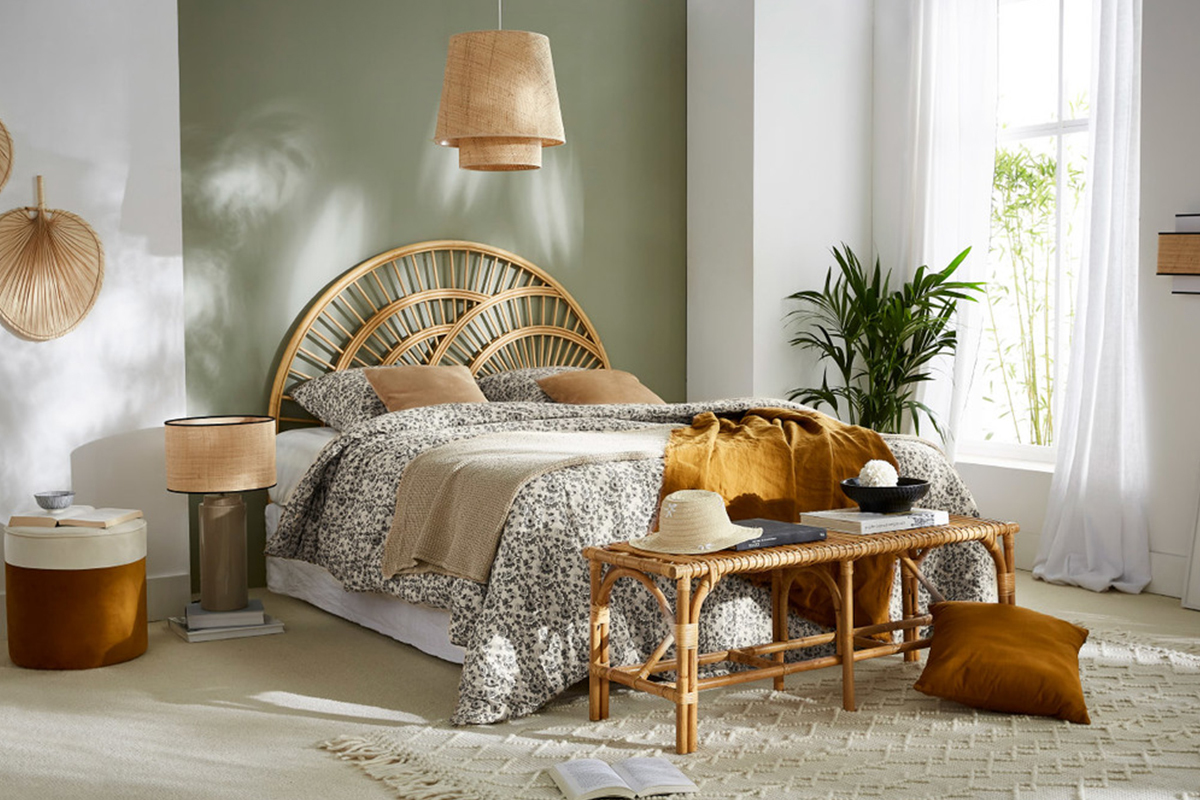 Lampada a sospensione design bi-materiale in fibra di rafia e cotone verde salvia D40 cm JUME