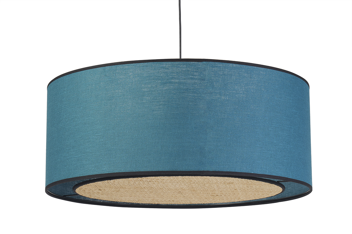 Lampada a sospensione in lino blu pavone e fibra di rafia D50 cm TRAVES