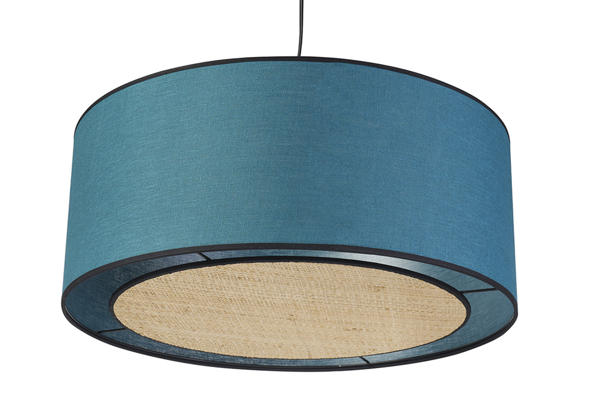 Lampada a sospensione in lino blu pavone e fibra di rafia D50 cm TRAVES