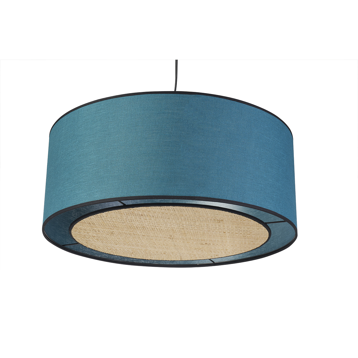 Lampada a sospensione in lino blu pavone e fibra di rafia D50 cm TRAVES