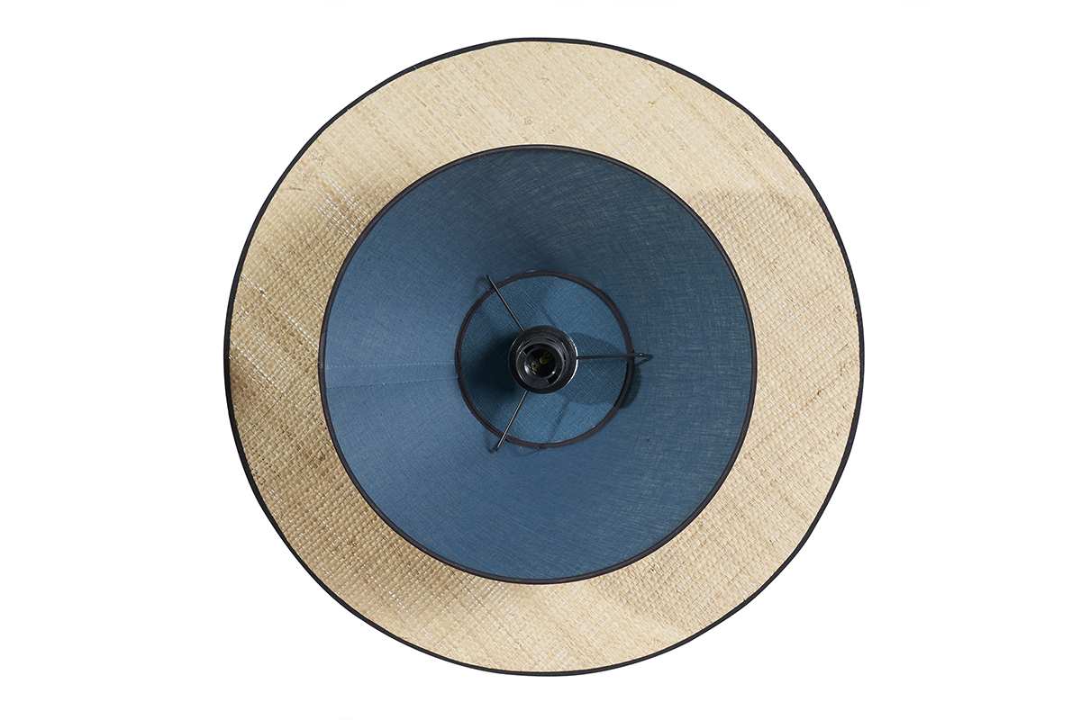 Lampada a sospensione in lino blu pavone e rafia naturale D55 cm AZAMI