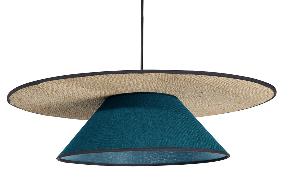 Lampada a sospensione in lino blu pavone e rafia naturale D55 cm AZAMI
