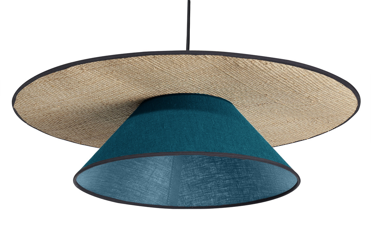 Lampada a sospensione in lino blu pavone e rafia naturale D55 cm AZAMI