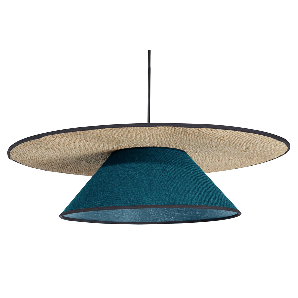 Lampada a sospensione in lino blu pavone e rafia naturale D55 cm AZAMI