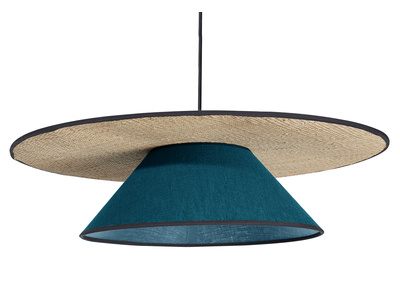 Lampada a sospensione in lino blu pavone e rafia naturale D55 cm AZAMI