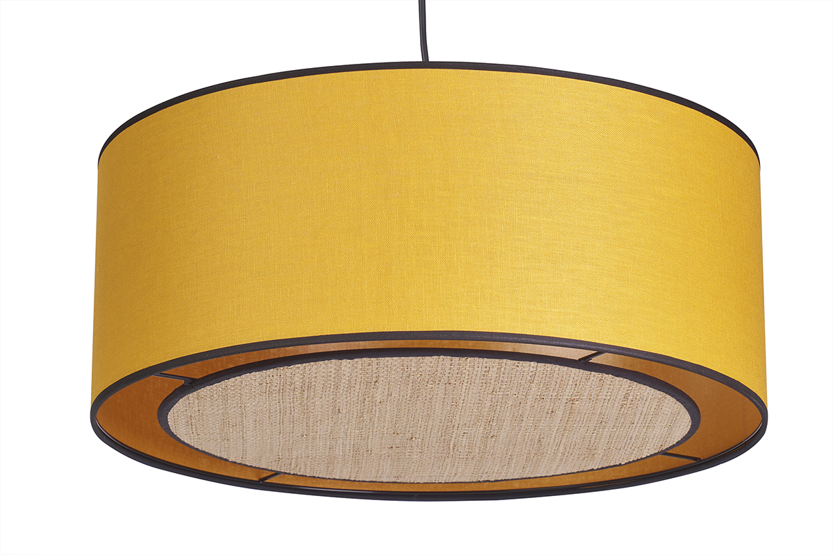 Lampada a sospensione in lino giallo senape e fibra di rafia D50 cm TRAVES