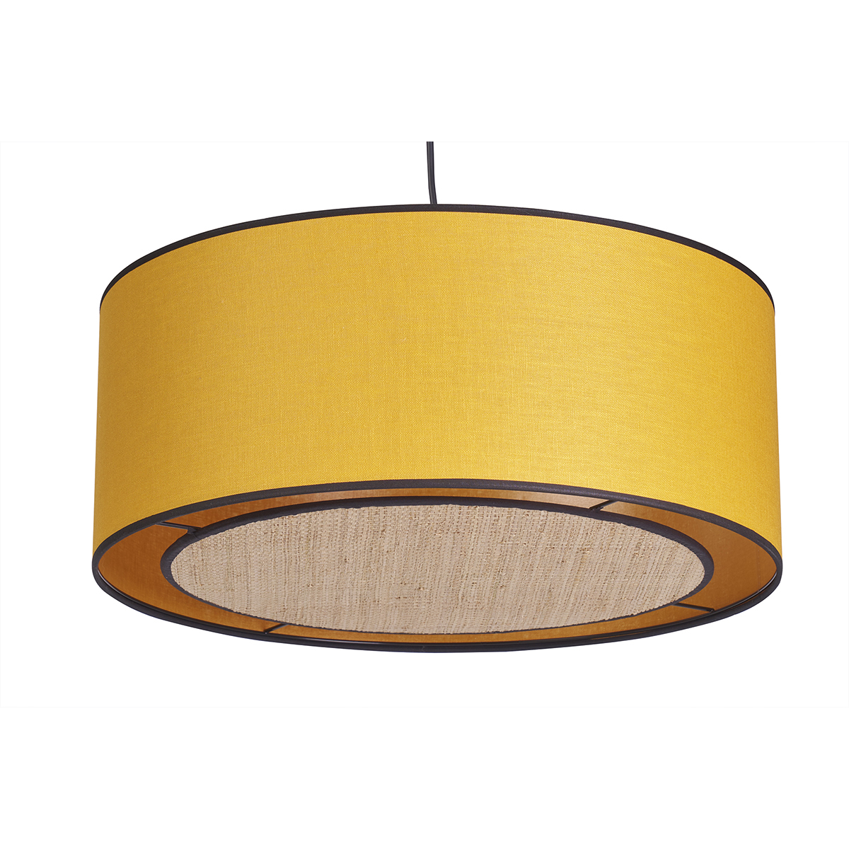 Lampada a sospensione in lino giallo senape e fibra di rafia D50 cm TRAVES
