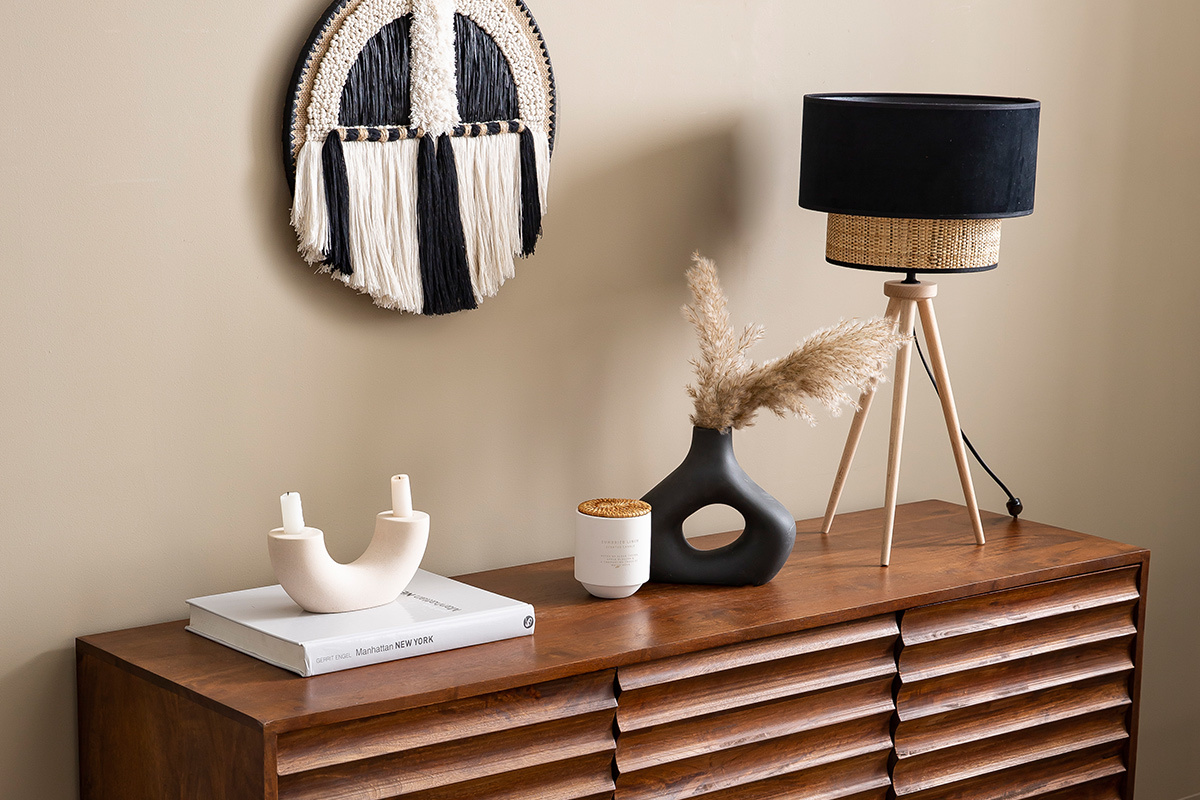 Lampada da tavolo bi-materiale juta e velluto nero CHILL