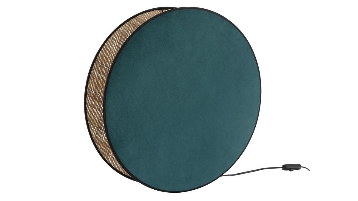 Lampada da tavolo bi-materiale velluto blu pavone e fibra di rafia D49 cm VERSO