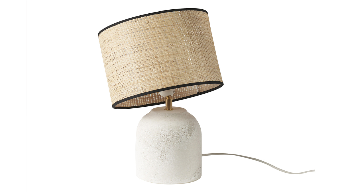 Lampada da tavolo bianca in ceramica effetto pietra e paralume in rafia H35 cm ROCHA