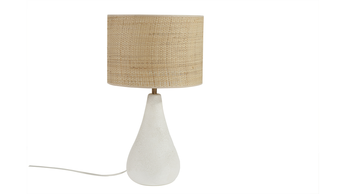 Lampada da tavolo bianca in ceramica effetto pietra e paralume in rafia H49 cm PYRUS