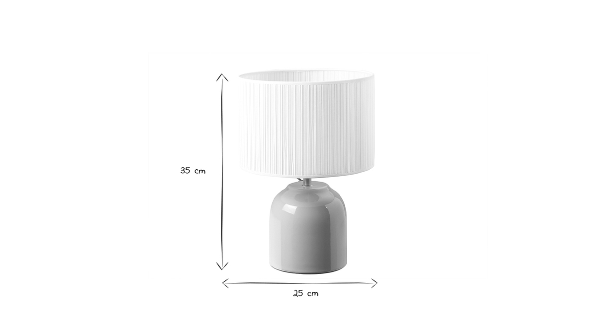 Lampada da tavolo color talpa in ceramica lucida e paralume in tessuto plissettato bianco H35 cm PIEGA