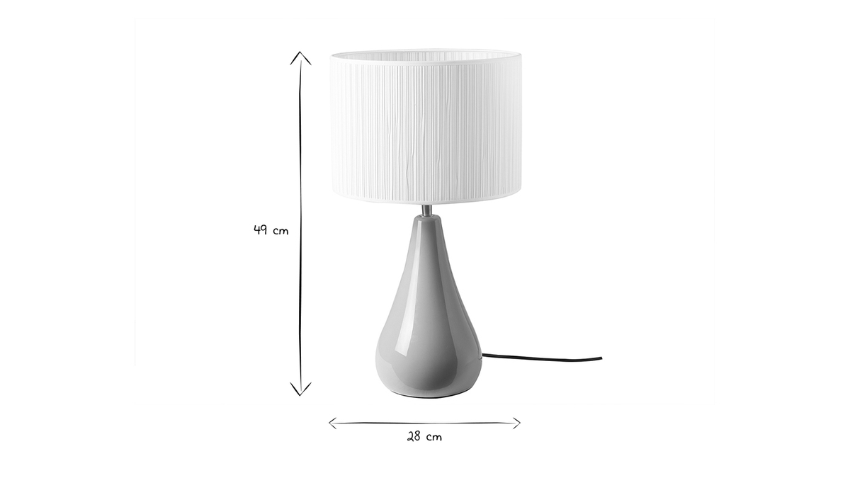 Lampada da tavolo color talpa in ceramica lucida e paralume in tessuto plissettato bianco H49 cm TROIA