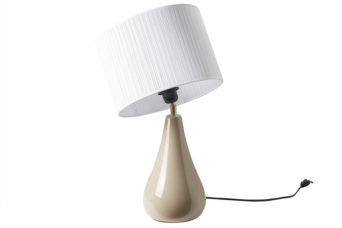 Lampada da tavolo color talpa in ceramica lucida e paralume in tessuto plissettato bianco H49 cm TROVA