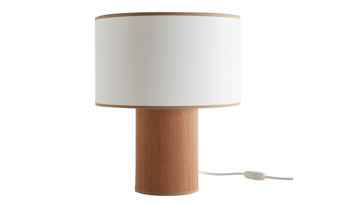Lampada da tavolo con paralume in cotone color sabbia e base in foglio di mogano H36 cm SOLAR